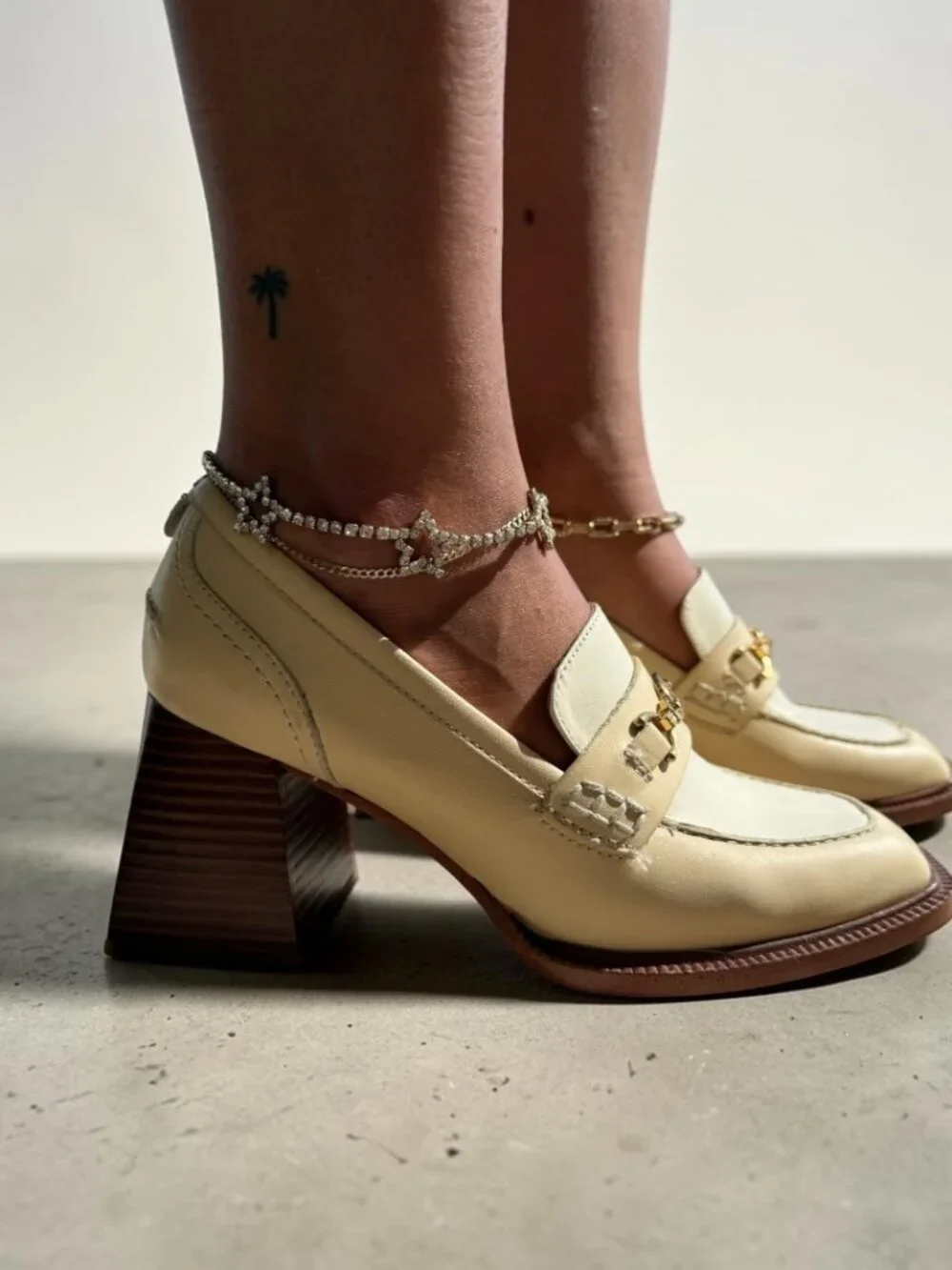 Sam Edelman Cream Leather Square Toe Loafer Heels Size 6.5